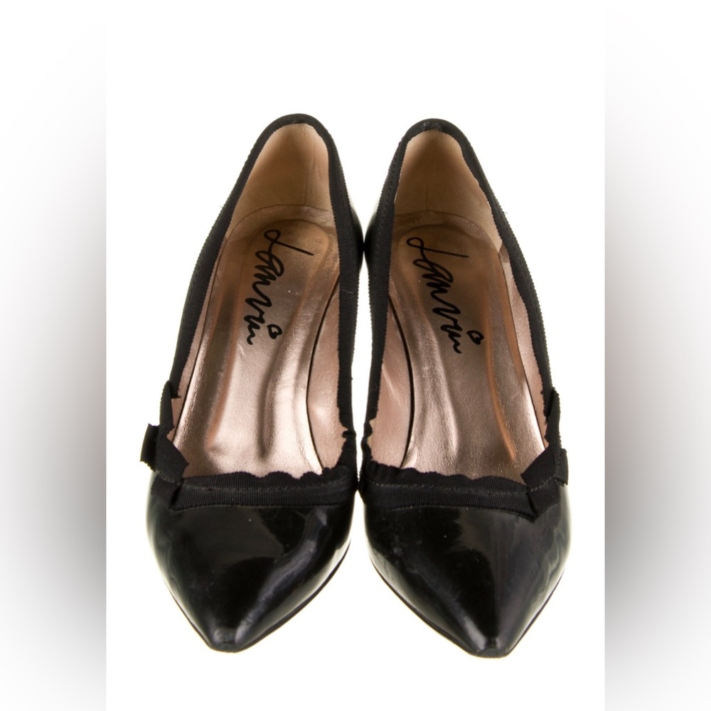 LANVIN Black Patent Leather Grosgrain Trim Pointed Toe Pumps